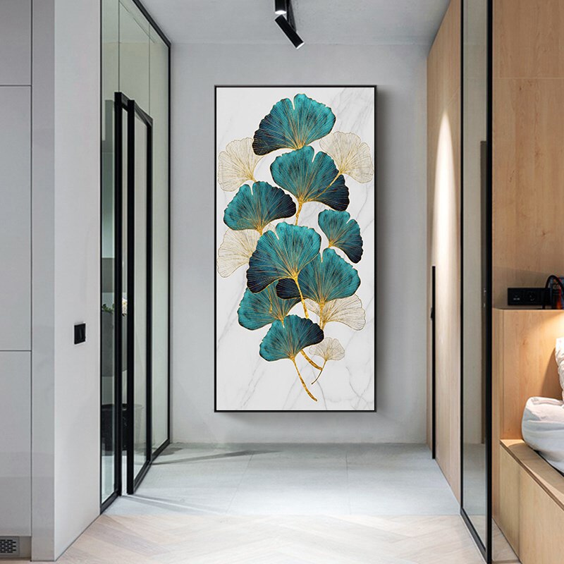 Póster abstracto de hoja de planta dorada verde, lienzo nórdico, pintura de arte de pared, imagen moderna, decoración de entrada de sala de estar