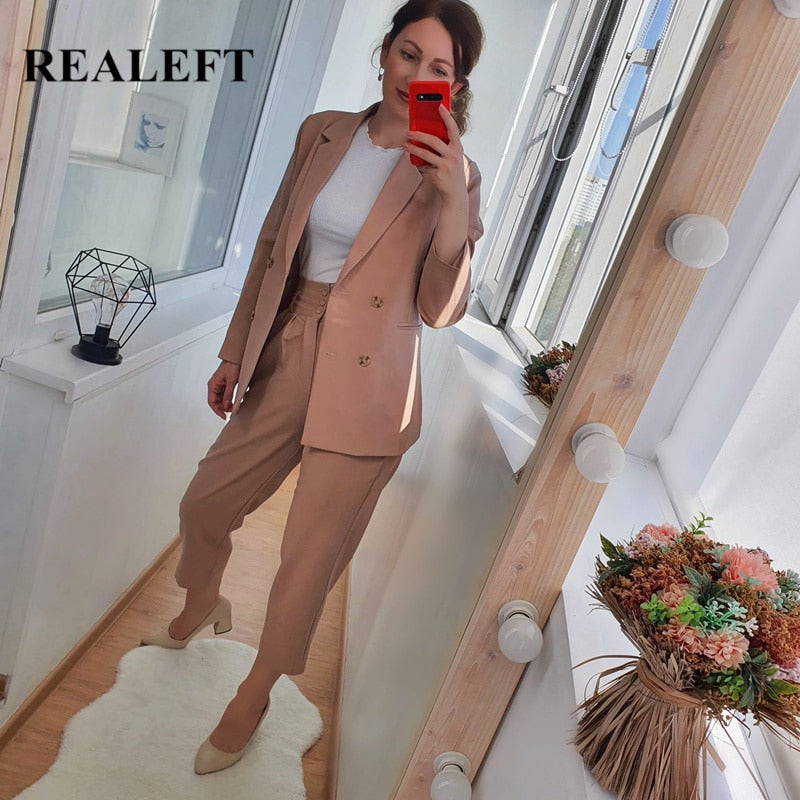 REALEFT 2021 Neue Herbst Winter Frauen Hosenanzug Zweireihig Gekerbte Blazer Jacke &amp; Hose Büro Tragen Frauen Anzug Weibliche Sets