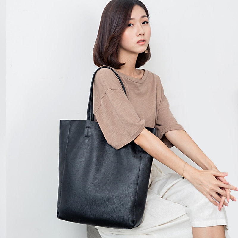 Simple Casual Leather Women Shoulder Bag Luxury Brand Designer Genuine Leather Lady Handbags Commuter Bag Large Female Totes Bag