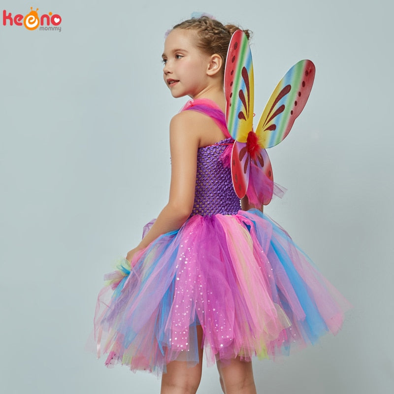 Mädchen Schmetterling Fee Kostüm Tutu Kleid Flügel Kostüm Kinder Prinzessin Geburtstagsfeier Halloween Cosplay Kinder Frühling Tüllkleid