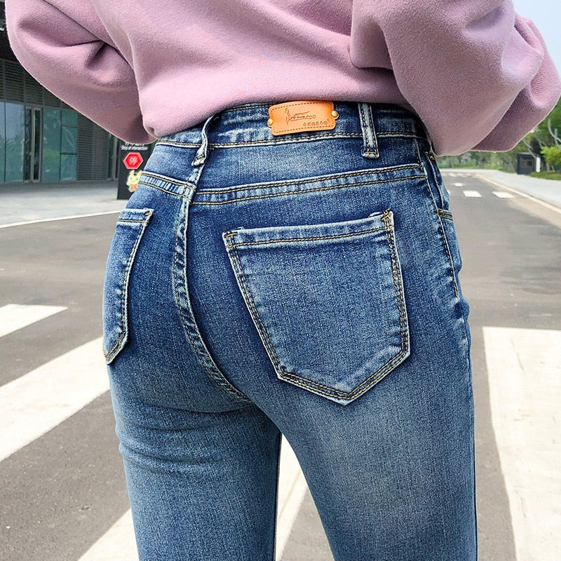 Nuevas mujeres estiramiento cintura alta clásico Retro Jeans señora ropa 38 40 pantalones ajustados Push Up Leggings Mom Jeans lápiz pantalones