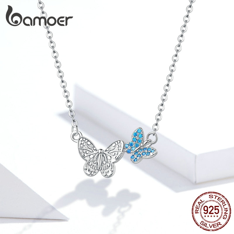 Bamoer, collar de mariposa voladora de circón azul de Plata de Ley 925, regalo de cumpleaños para mujer, joyería de moda de estilo coreano, regalo SCN384