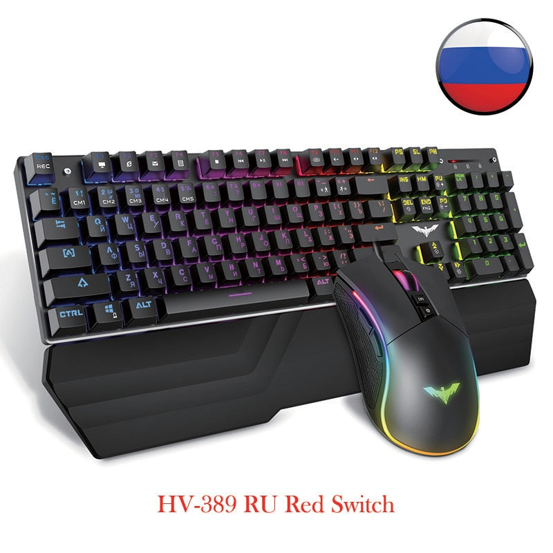 HAVIT Mechanical Keyboard and Mouse 104 keys Red Switch Gaming Keyboards for Tablet Desktop Russian US Sticker