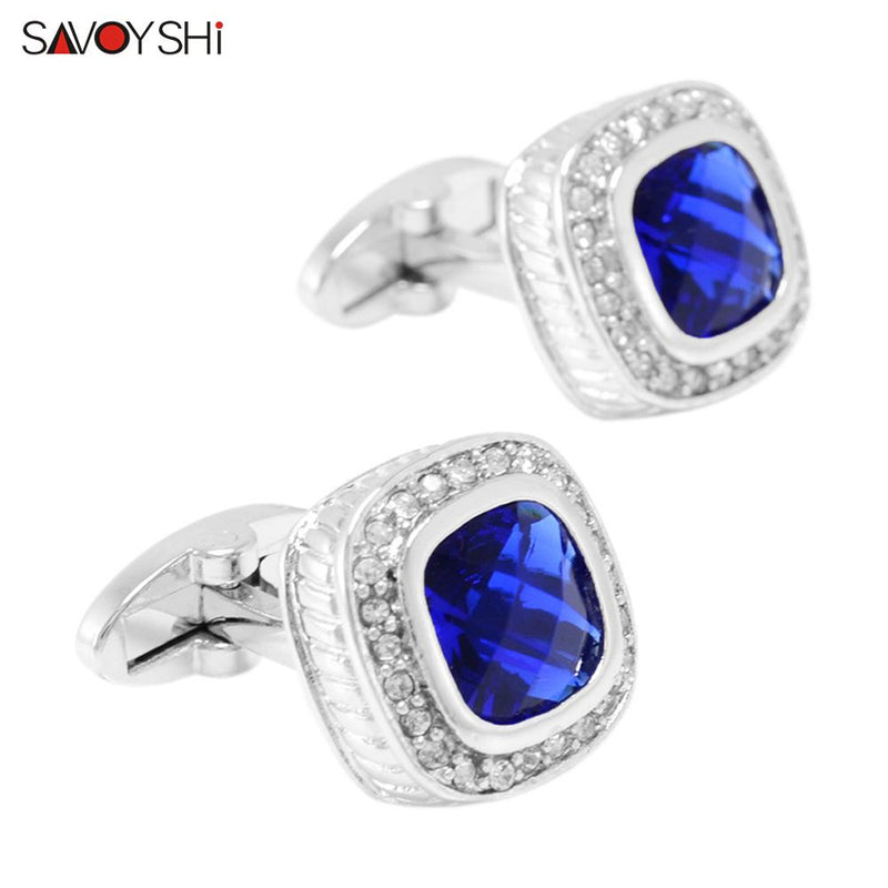 SAVOYSHI Luxury Square Cufflinks for Mens French Shirt High Quality Blue Crystals Cuff links Wedding Grooms Gift Man Jewelry