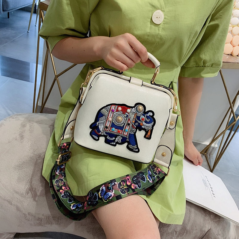 Vintage Embroidery Elephant Bag Bags Wide Butterfly Strap PU Leather Women Shoulder Crossbody Bag Tote Women&