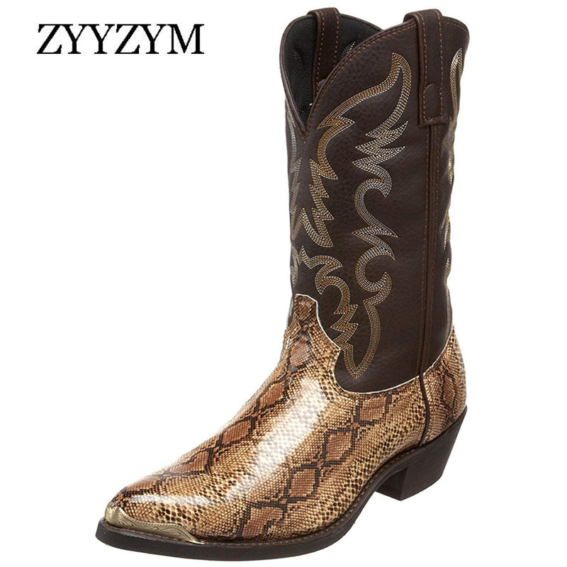 ZYYZYM hombres mujeres botas de tacón alto cabeza de hierro 2021 Otoño Invierno nuevo bordado serpentina occidental botas de vaquero hombres calzado