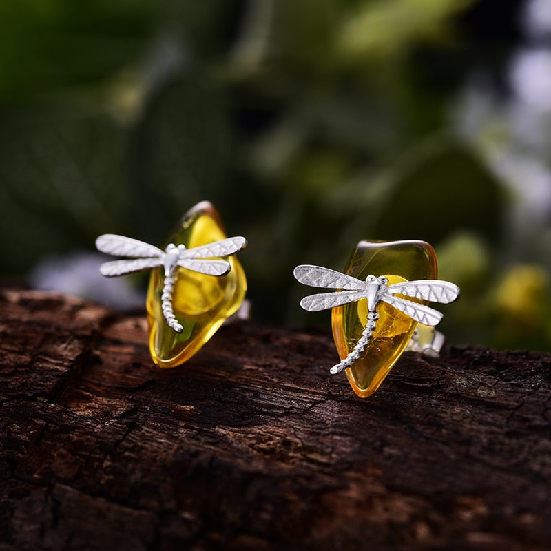 Lotus Fun Real 925 Sterling Silver Natural Amber Handmade Fine Jewelry 18K Gold Cute Dragonfly Stud Earrings for Women Brincos