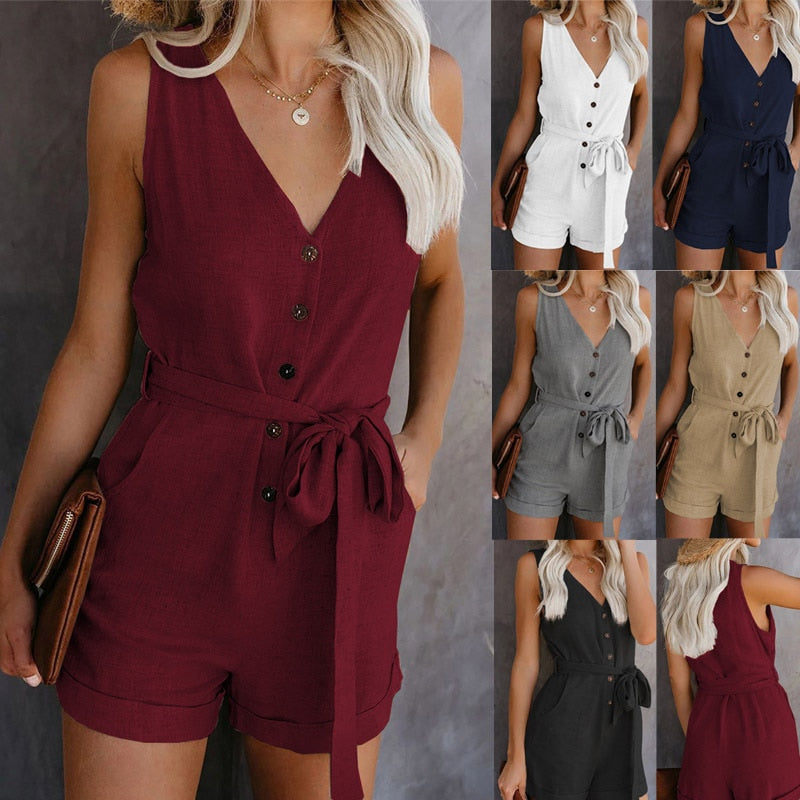 Damen Sommer Strampler Kleidung Schulterfrei Gürtel Tunika Ärmellos Playsuit Solide Lässig V-Ausschnitt Kurz Homewear Jumpsuit 2021