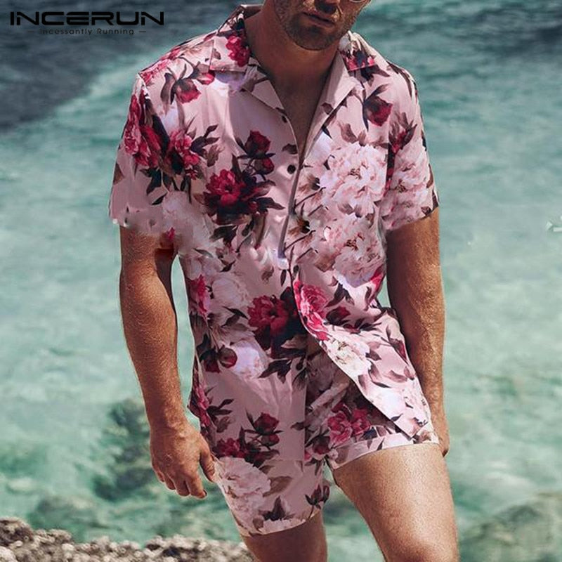 INCERUN Men Sets Flower Printed Vacation Breathable Beach Lapel Short Sleeve Shirt Shorts Streetwear Men Hawaiian Suits 2 Pieces