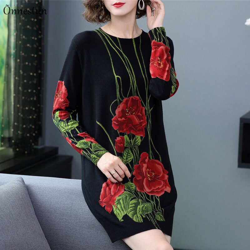 Lange Pullover Kleid Herbst Mode 2022 Langarm Pullover Drucken Blumenstrickwaren Pullover Pullover Frauen