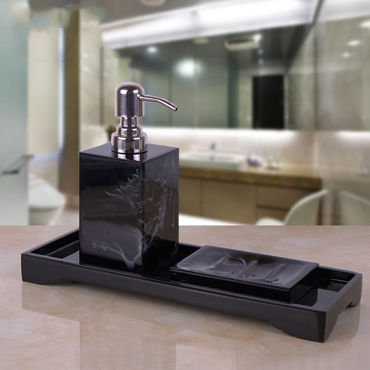 Black Marble Pattern Tray Resin Bathroom Set Toothbrush Holder Soap Dispenser Soap Dish Men&