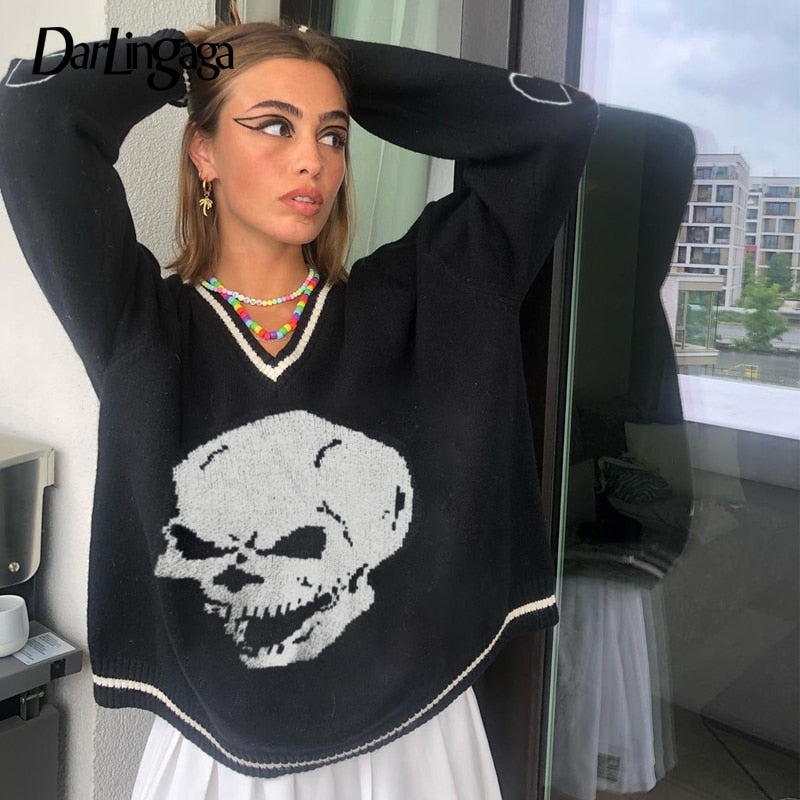 Darlingaga Harajuku Skull Print Y2K Loose Autumn Winter Sweater Women Pullovers Casual Knitwear Jumpers 2023 Korean Sweaters New