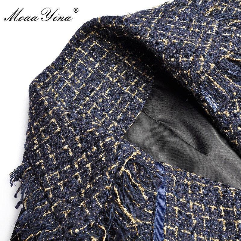MoaaYina Fashion Designer Woolen cloth Windbreaker Overcoat Autumn Women Single-breasted Tassel Long sleeve Plaid Overcoat