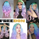 FREEDOM Synthetic Lace Wigs Long Natural Wave 30inch Omber Blue Rainbow Color Pink Hair Wigs Heat Resistant Fiber Cosplay Wigs
