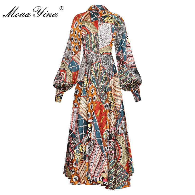 MoaaYina Designer Damen Frühling Sommer Revers Einreiher Laterne Langarm Vintage Print Kleid