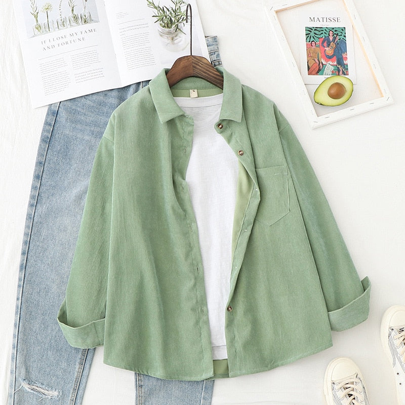 Spring Shirts Women Corduroy Blouses Loose Long Sleeve Solid Lady Tops Casual Outwear Female Clothes Autumn Jacket