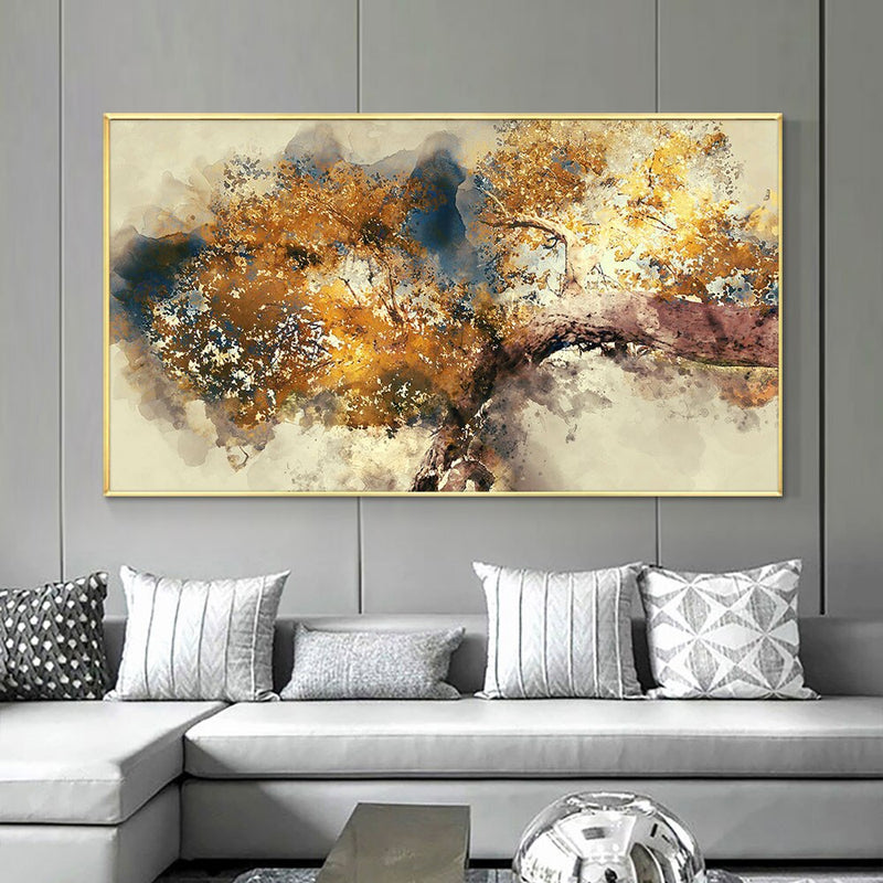 Pintura al óleo pintada a mano sobre lienzo árboles marrones texturizados abstractos con hojas amarillas pintura de arte de pared para decoración moderna del hogar