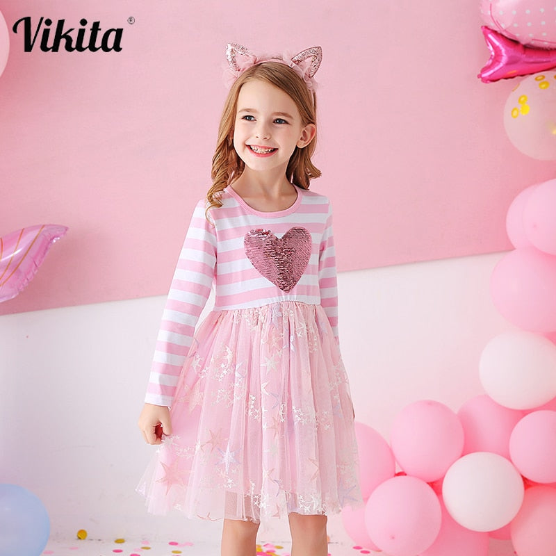 VIKITA, vestido a rayas para niñas, vestido de princesa para niños, vestidos con diseño de corazón para niñas, ropa informal escolar para niñas, ropa para niños