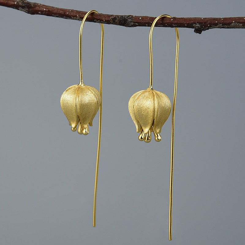 Pendientes colgantes de flor de tulipán de amor eterno de Lotus Fun, pendientes de joyería fina hechos a mano de Plata de Ley 925 auténtica para mujer, bisutería