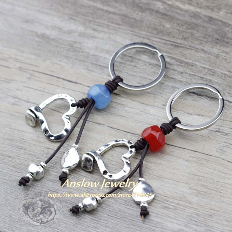 Anslow New Design Key Chains Vintage Leather Cord Handmade DIY Heart Couple Loves&#39; Key Rings For Women&#39;s Bag Key Door  LOW0010KY