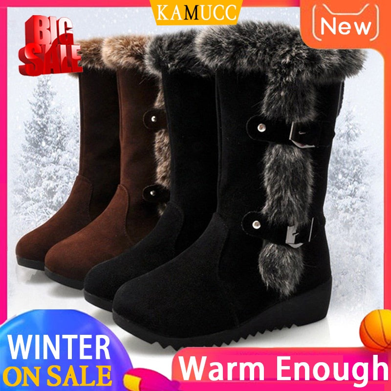 Women Winter Boots Flock Winter Shoes Ladies Fashion Snow Boots Shoes Thigh High Suede Mid-Calf Boots