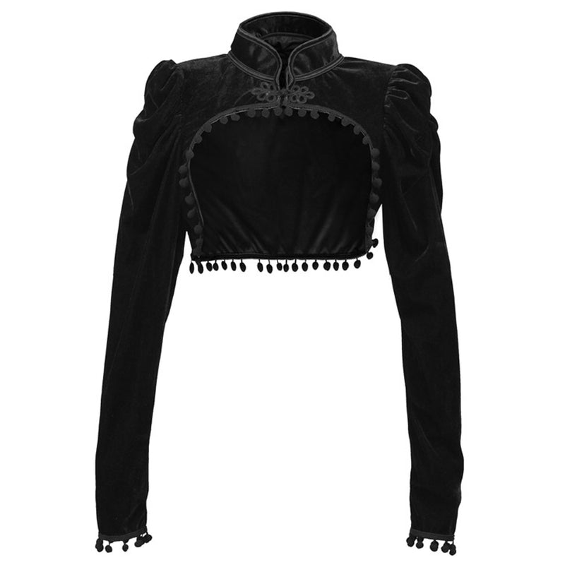 Chaqueta corta Steampunk de terciopelo negro con soporte de manga larga de otoño para mujer, abrigo gótico victoriano de Bolero, accesorios de corsé Vintage