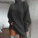 Forefair Turtleneck Long Sleeve Sweater Dress Women Autumn Winter Loose Tunic Knitted Casual Pink Gray Clothes Solid Dresses