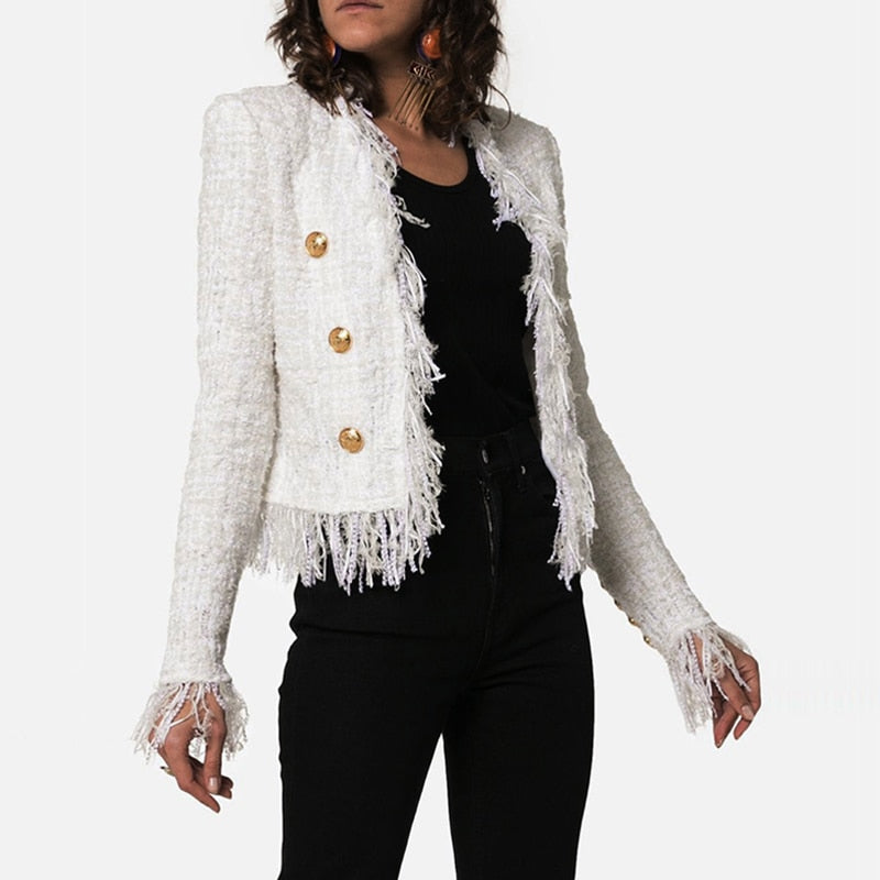 Chaqueta de Tweed blanca para mujer, nuevo Otoño Invierno, tela de lana con flecos y borlas, manga larga, chaquetas de oficina para mujer, abrigo 2020