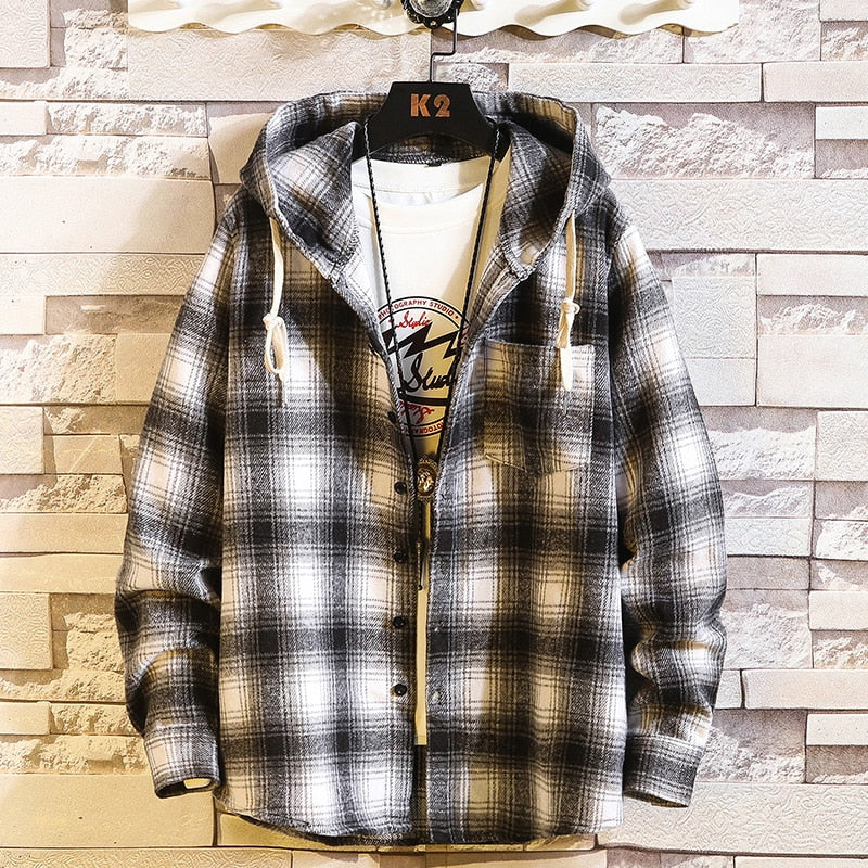 Casual Brand With Hooded Plaid Shirt Men'S Fleece Red Shirts Long Sleeves 2022 New Spring Autumn Plus OverSize M-6XL
