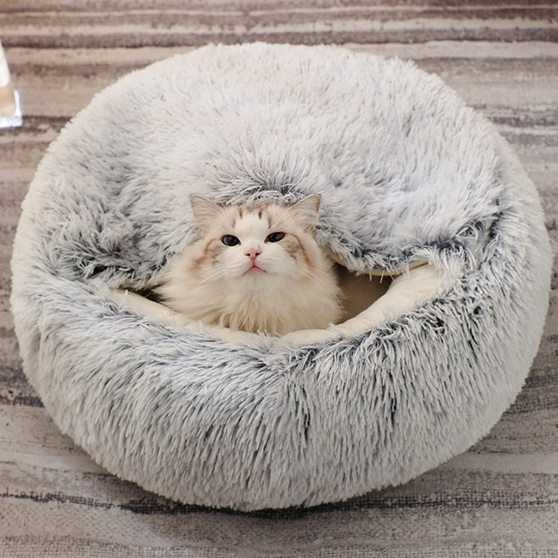 HOOPET Katzenbett, rundes Katzennest, Welpenhöhle, langes Plüsch-Haustierbett, warmes Katzenbett, 2-in-1-Katzenkissen, Schlafsofa