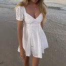 2020 Retro Embroidery Hole Stitching Lace Cross Lacing up Short Sleeve Short Dress Woman White French Mini Dresses Holiday