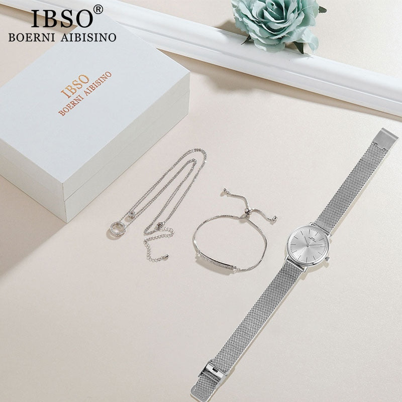 IBSO, conjunto de reloj de cuarzo para mujer, pulsera de diseño de cristal, collar, conjuntos de reloj, joyería femenina, reloj de lujo de plata a la moda, regalo para mujer