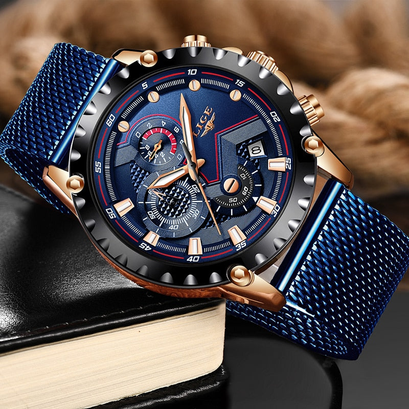 ¡Novedad de 2022! Reloj LIGE azul informal con correa de malla, reloj dorado de cuarzo a la moda para hombre, relojes de marca superior de lujo a prueba de agua, reloj Masculino