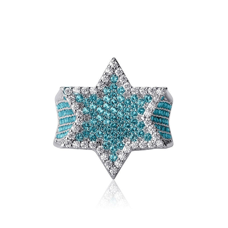 TOPGRILLZ New Hexagon Star Silver Color Blue Iced Out Cubic Zircon Rings Micro Paved Personality Hip Hop Jewelry For Gifts