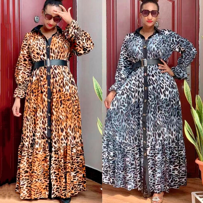 MD African Print Leopard Dress Women Dashiki Maxi Dresses Muslim Fashion Abaya Plus Size Ankara Female Clothing Evening Gown