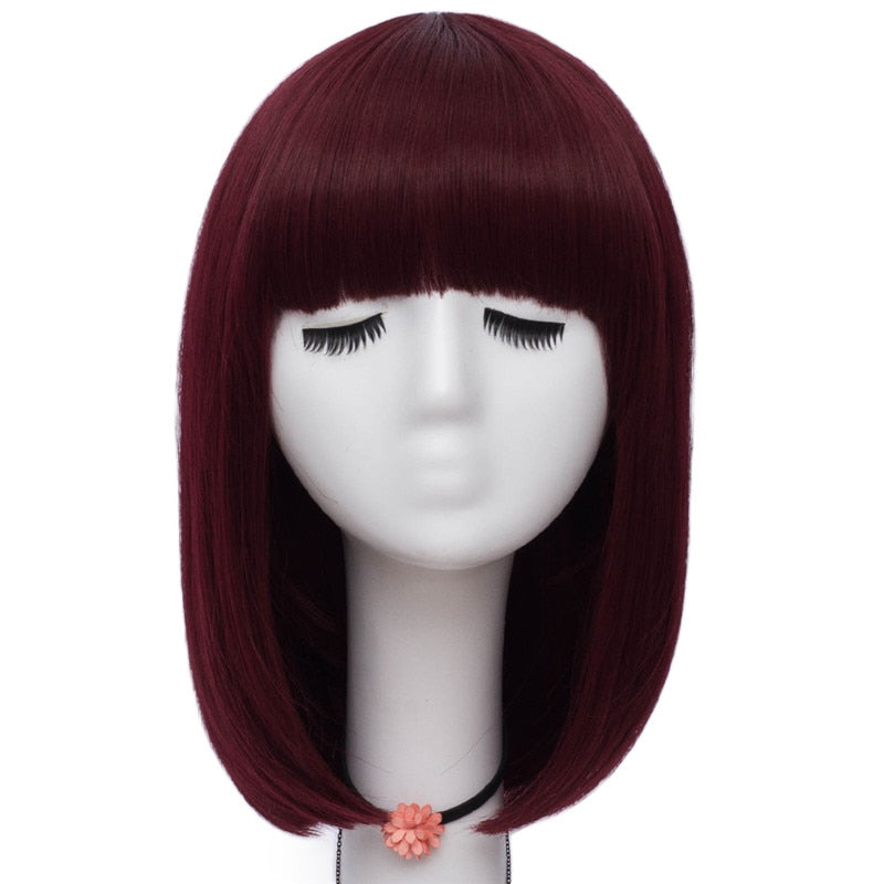 Women Orange Short Cosplay Wig with Bangs BOb Hairstyle  Heat Resistant Fiber Synthetic Straight Hair