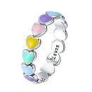 BAMOER 925 Sterling Silver Rainbow Heart Finger Ring for Girl, Women Stackable Silver Ring with Mini Hearts Trendy Party Jewelry