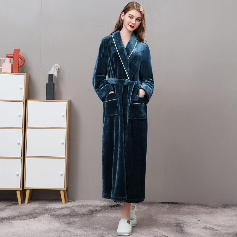 Men Plus Size 3XL Flannel Kimono Bath Gown Ultra Long Large Robe Coral Fleece Nightgown Lovers Couple Thick Warm Sleepwear MR001