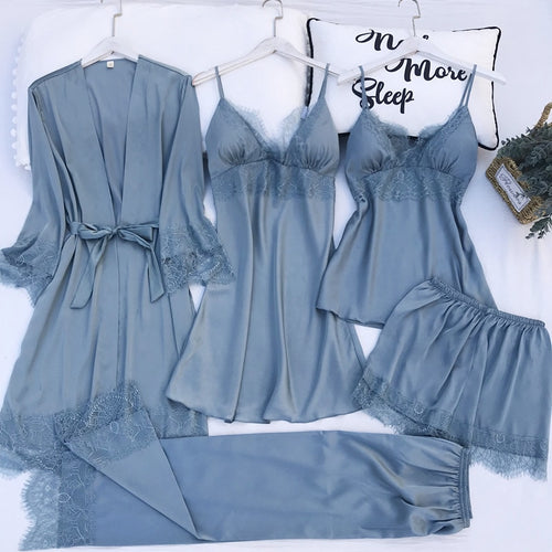 Pyjama-Set aus Seidensatin für Damen, Spitzen-Nachtwäsche, Frühling, Träger-Pyjama-Anzug, weibliche Loungewear mit Brustpolstern, Homewear