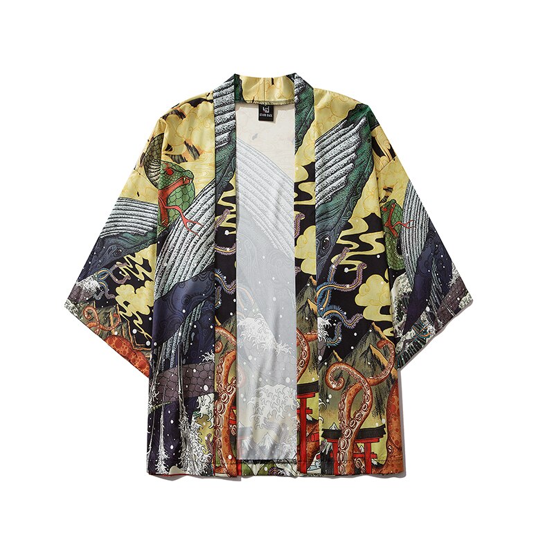 Bebovizi Fashion Japanese Anime Style Whale Print Kimono Women Cardigan Yukata Kimono Streetwear Men Loose Asian Clothing