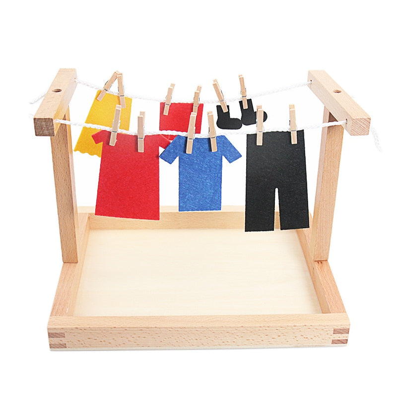 Baby Montessori Wooden DIY Mini Simulation Clothes Drying Frame Clothes Suit Toys for Children Basic Life Practice Training Toy