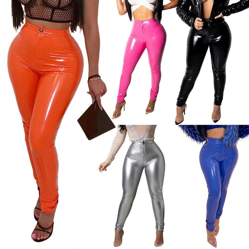 Pantalones de piel sintética de látex para mujer, pantalones ajustados de cintura alta con efecto Push Up, pantalones sexis de Color sólido para otoño e invierno para mujer