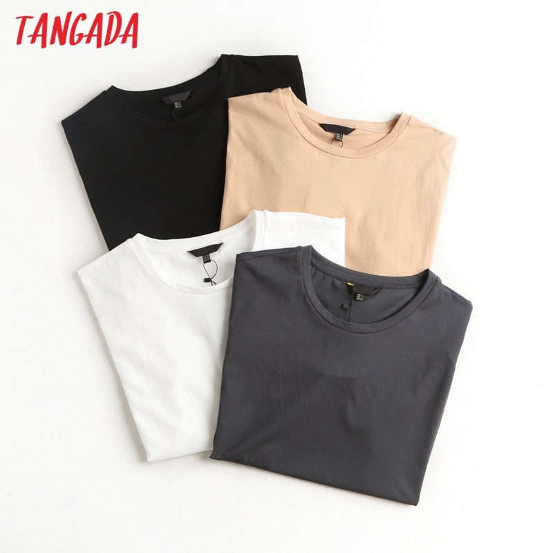 Tangada 2022, camiseta básica caqui de algodón para mujer, camisetas de manga corta con cuello redondo, camiseta informal para mujer, ropa de calle top 6D5