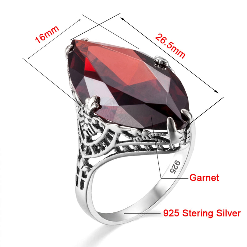 Szjinao Vintage Real 925 Sterling Silver 14*26mm Garnet Gemstone Marquise Ring For Women Wedding Engagement Famous Brand Jewelry