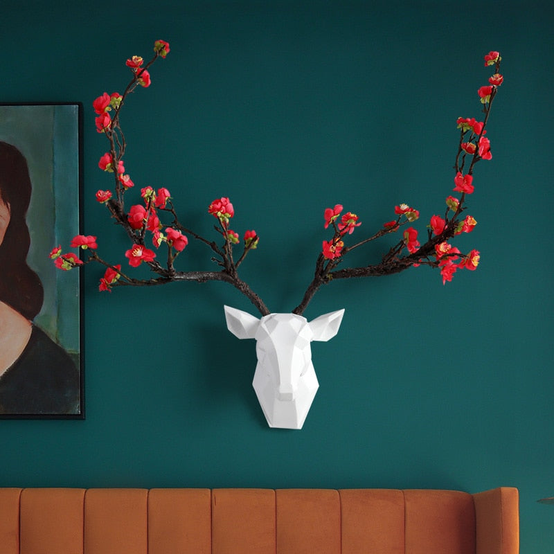 Hirschkopf mit Blumengeweih 3D-Wanddekoration, modernes Tier, Heimdekoration, abstrakte Skulptur, Wandstatue als Geschenk