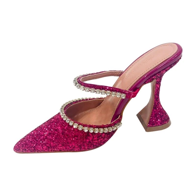 Popular europeo y americano, novedad de verano 2020, deslumbrante rosa con lentejuelas de cristal, tacones de aguja, zapatillas de tacón alto para mujer