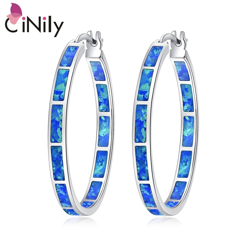 CiNily Blue Green Fire Opal Stone Hoop Earrings Silver Plated Rose Gold Color Big Round Circle Hip Hop Punk Party Jewelry Woman