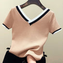 V-Neck Short Sleeve Shirt Women Contrast Color Striped Knitted 2023 Summer Tops Shirt Korean Clothes Femme Camisetas Mujer 13362
