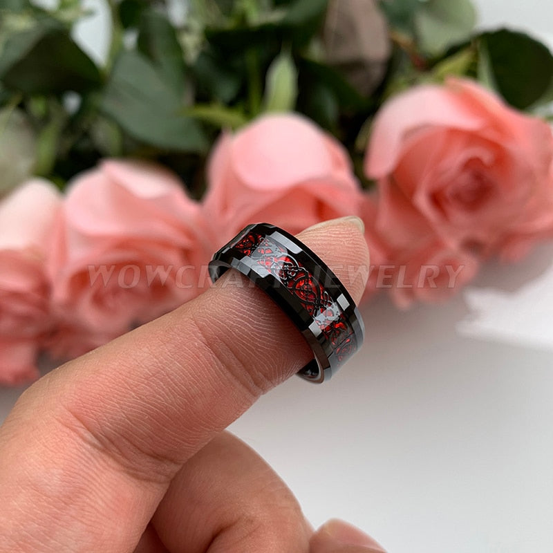 8mm Tungsten Wedding Band Rings for Men Women Gunmetal&amp;Black Plated Opal Dragon Inlay Beveled Edges Comfort Fit