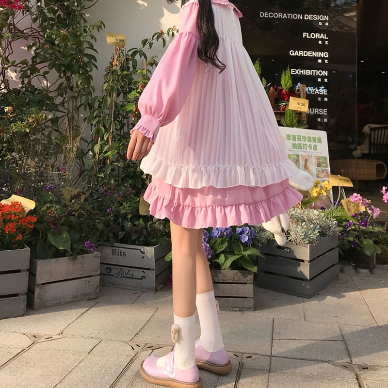 Sweet Cute Kawaii Girls Lolita Dress Princess Maid Vintage Ruffles Dresses Puff Sleeve Red Black Pink Women Dress Round Collar